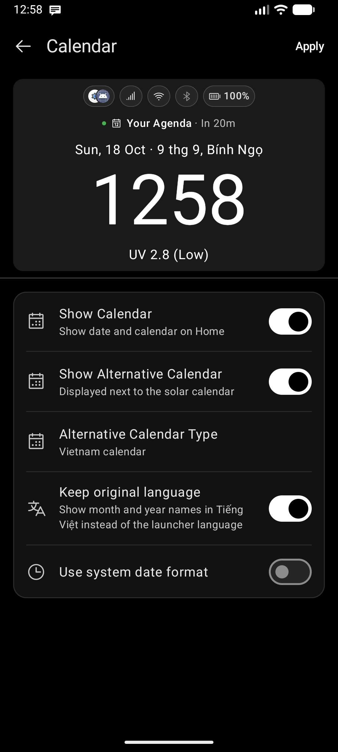 Alternative & Lunar Calendar Settings