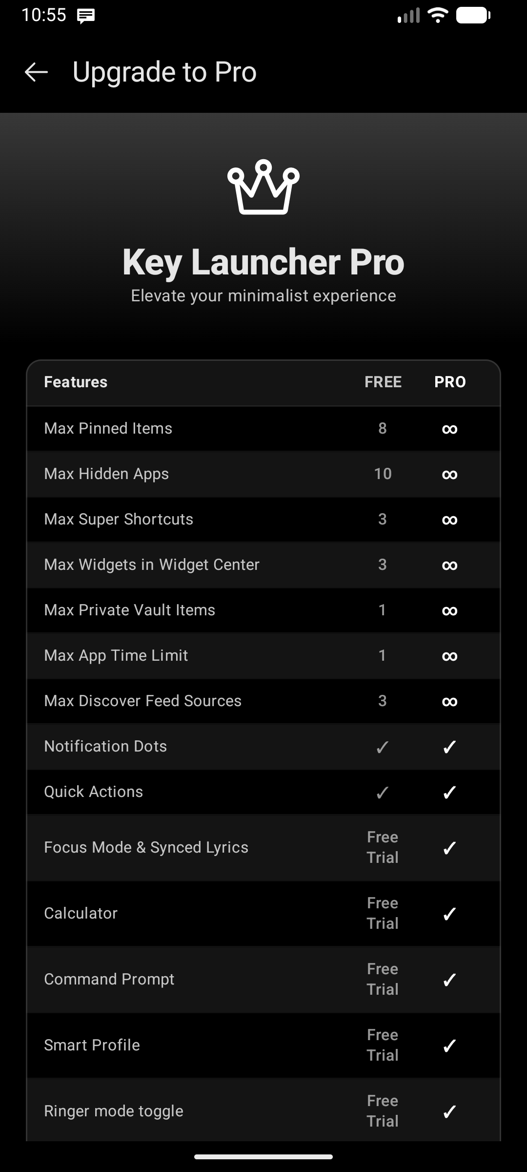 Key Launcher Pro Upgrade Screen