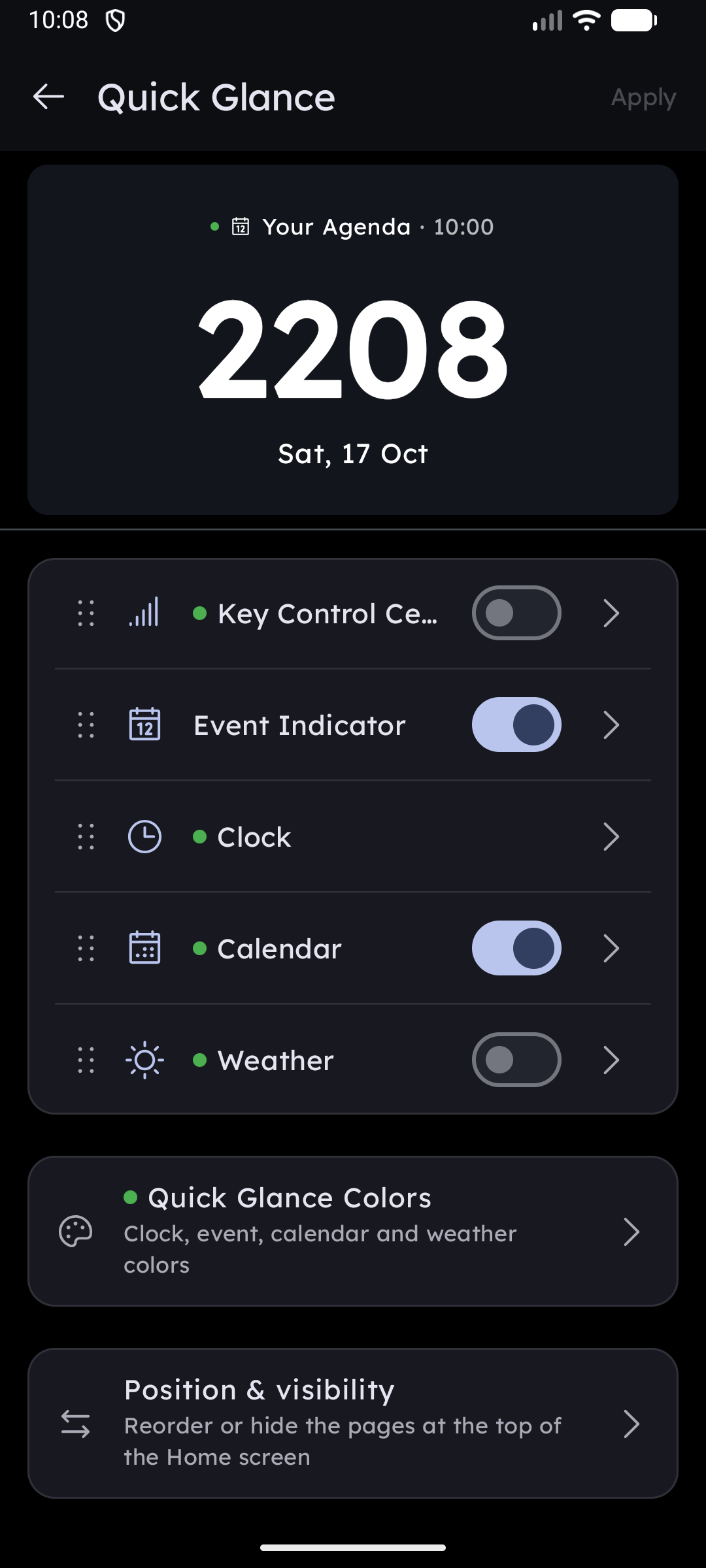 Quick Glance Configuration Screen